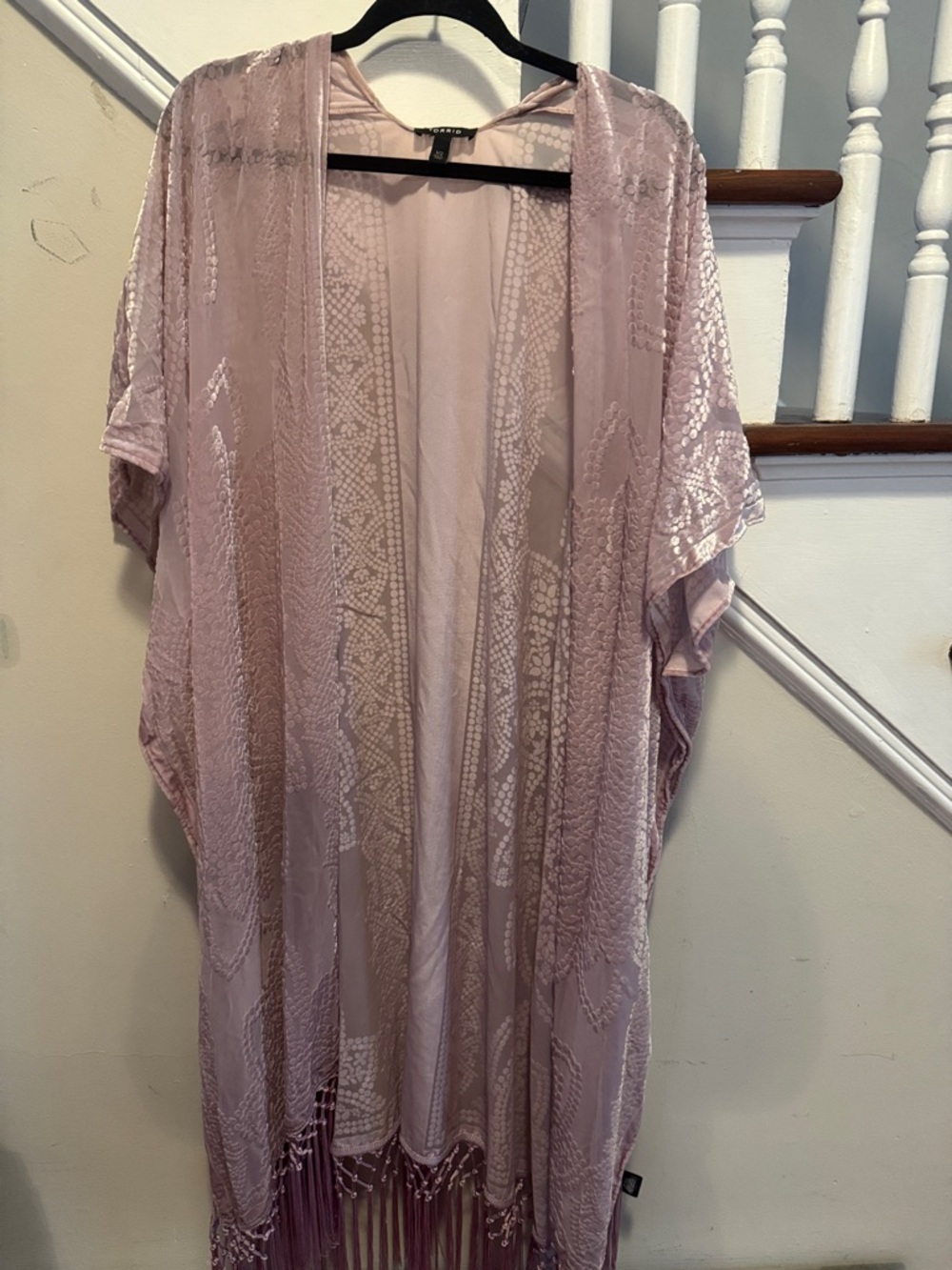 torrid Blush Pink Lace-Pattern Kimono with Fringe